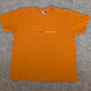 Vintage 90s Tommy Hilfiger Denim Debossed Spellout Orange Tshirt Mens Large Y2K